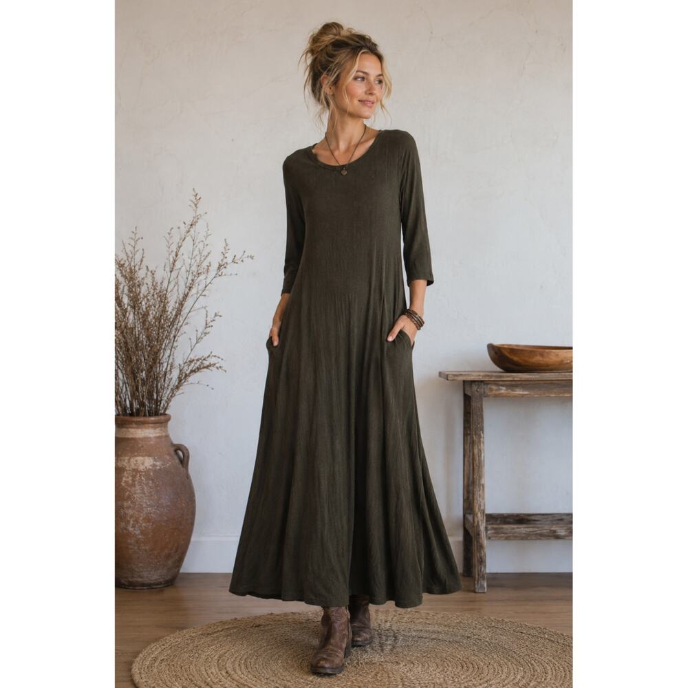 Olive Green Lagenlook Maxi Dress Rayon Spandex Modest Boho Cozy Casual Flowy S